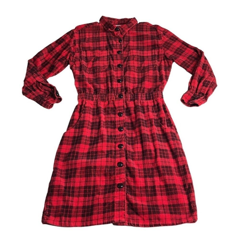 Vintage Fads‎ Corduroy Dress Womens M Red Black Buffalo Plaid Grunge 90s Pockets